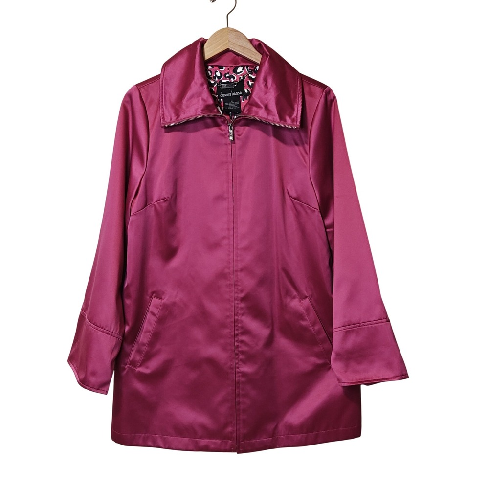 Dennis Basso Jacket Women Size M Magenta Pink Satin‎ Zip Front Leopard Lining